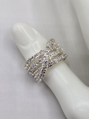 Swarovski Crystal Elements Silver Crossover Band Ring Size 8.75 Prom Bridal